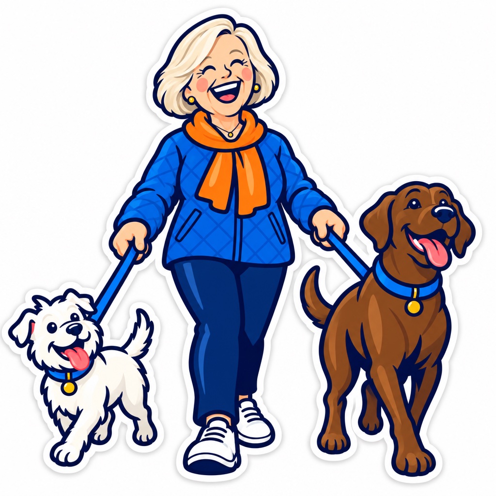 Illustration of a laughing grandmother in a blue jacket and orange scarf, walking a small white dog and a brown dog on leashes